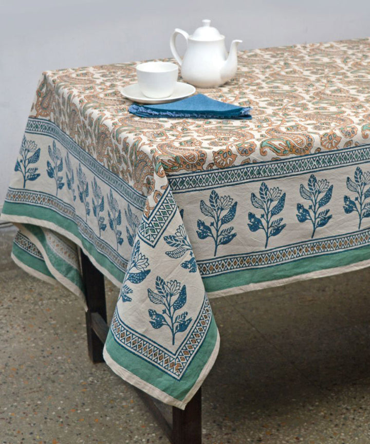 Brown white hand block print cotton table cover