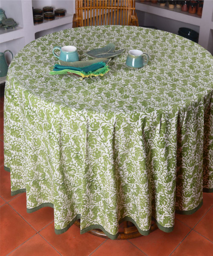 Olive green hand block print cotton round table cover