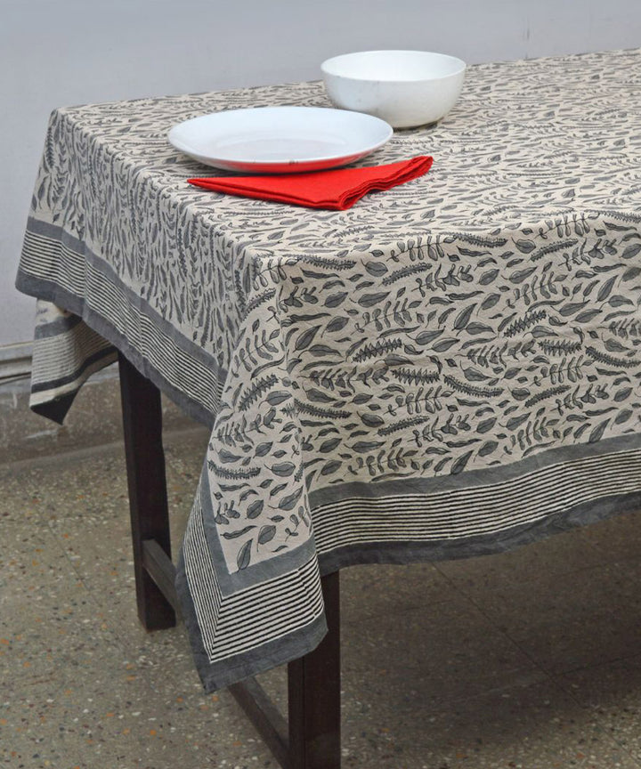 Grey white hand block printed cotton table cover