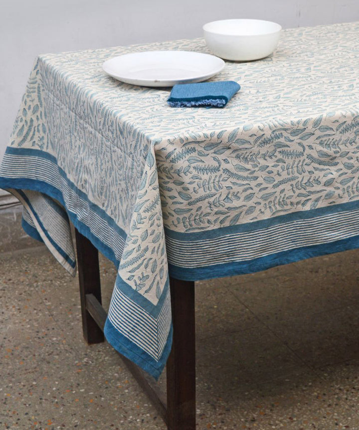 White blue hand block printed cotton table cover