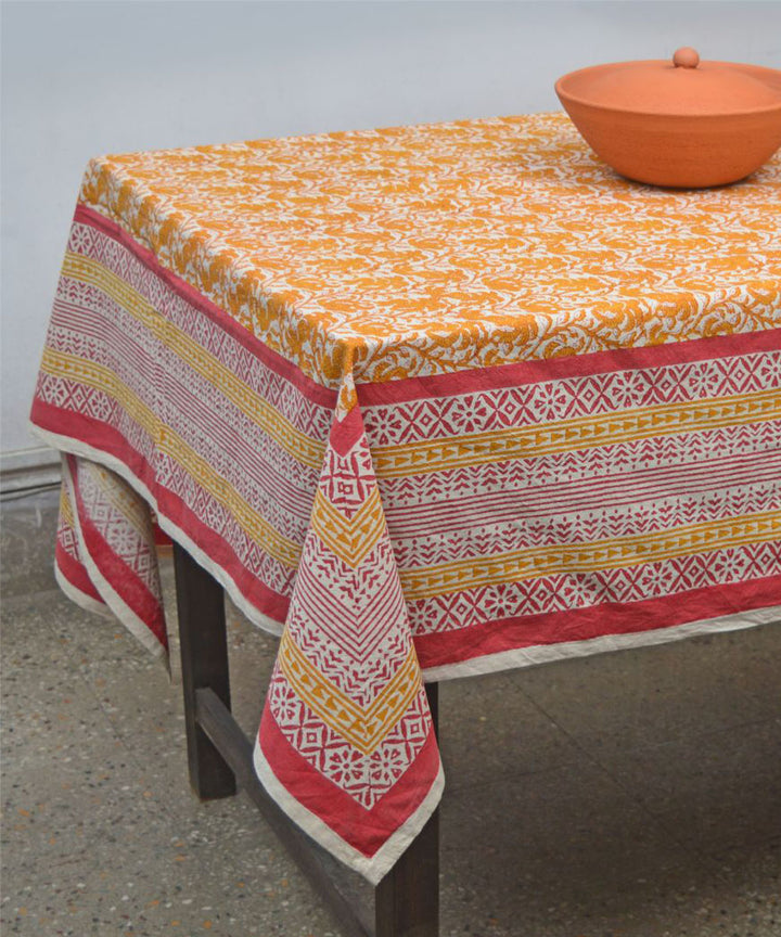 Orange white hand block print cotton table cover