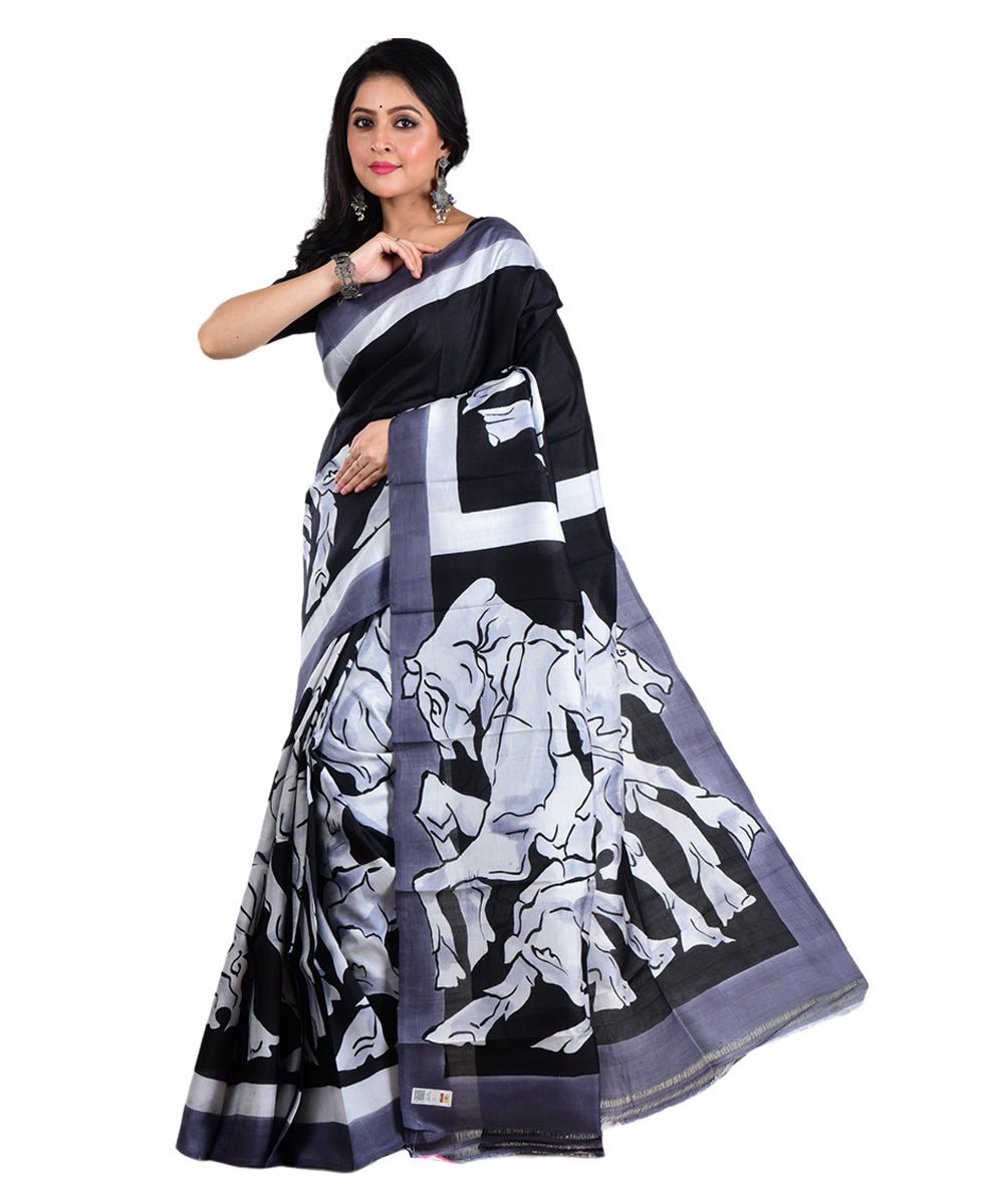 Black white silk hand painted saree