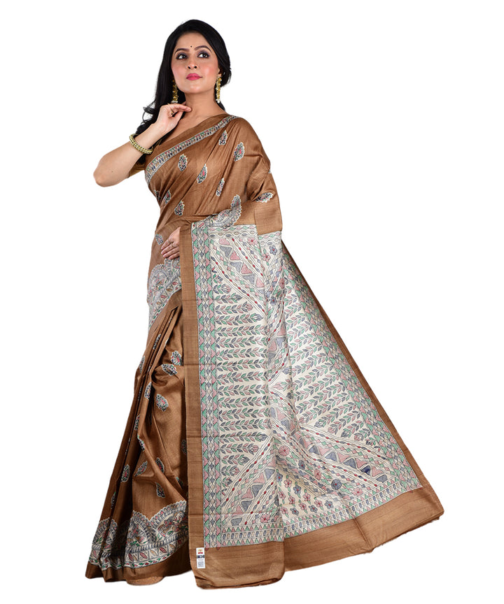 Brown multicolor hand printed tussar silk saree