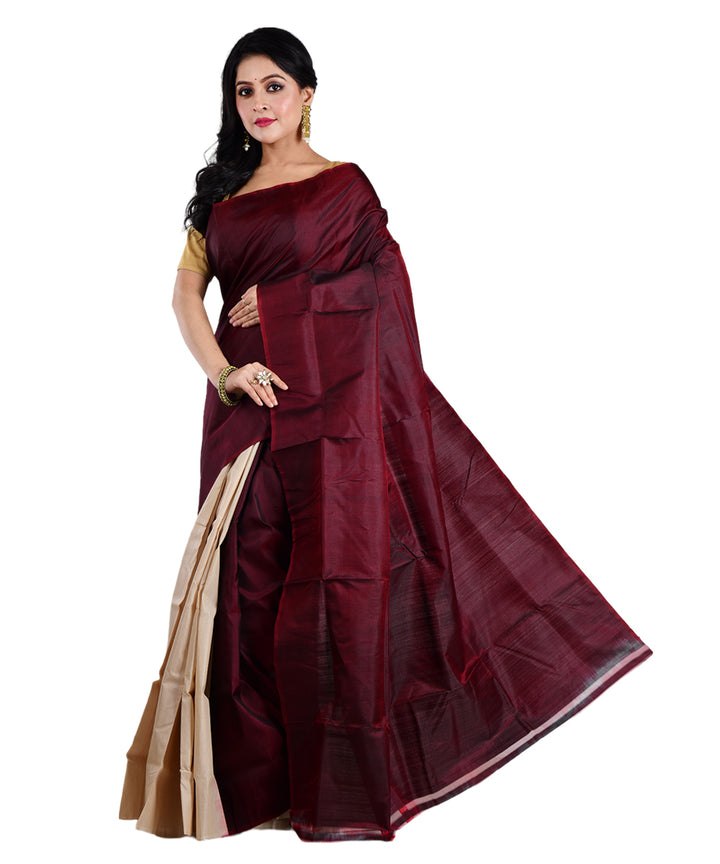 Beige maroon handwoven tussar silk saree