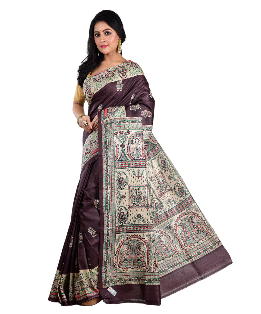 Brown multicolor tussar silk hand printed saree