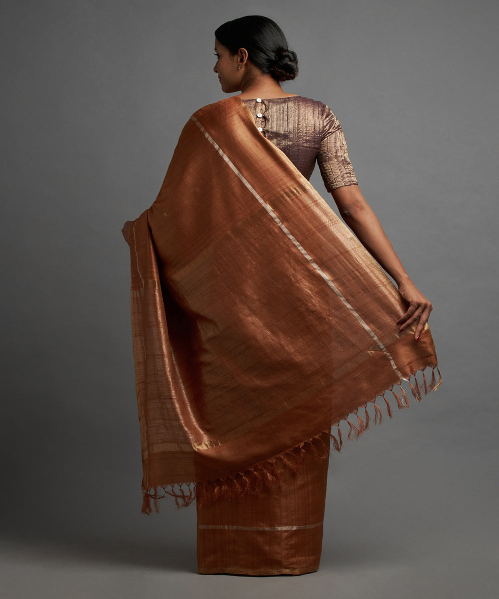 Sienna brown silver zari tussar silk woven chhattisgarh kosa saree