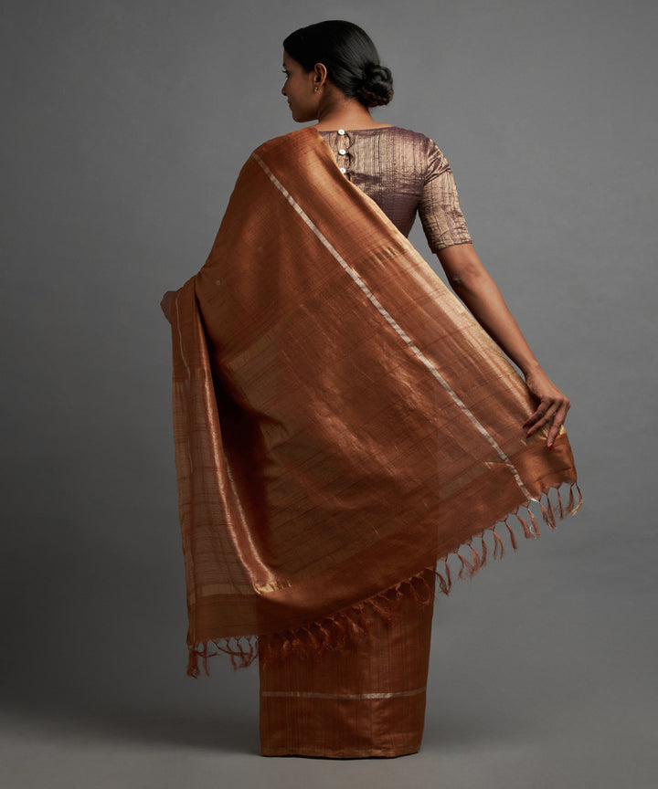 Sienna brown silver zari tussar silk woven chhattisgarh kosa saree