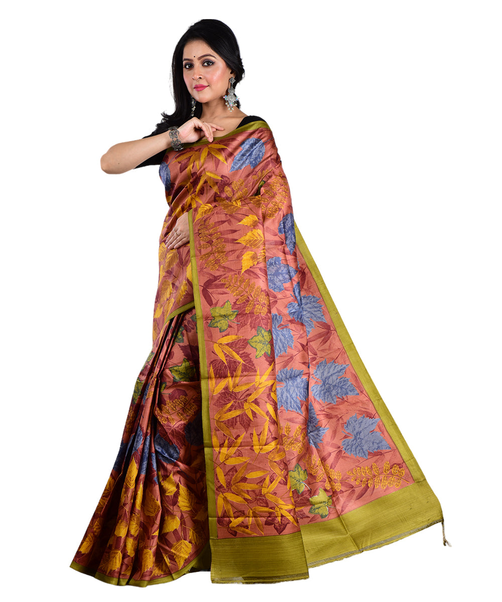 Multicolor hand printed silk saree