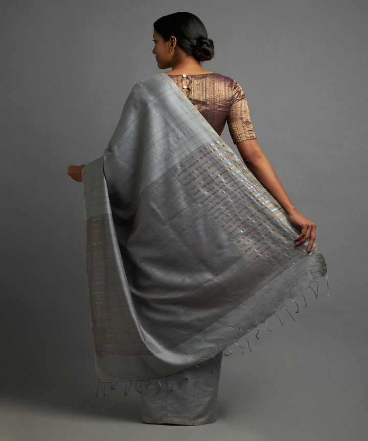 Cloud grey tussar silk hand woven chhattisgarh kosa saree
