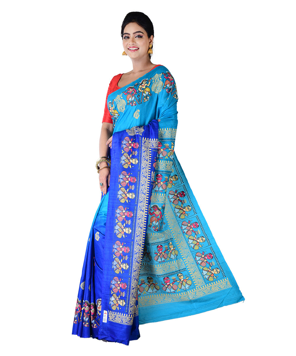 Cyan blue multicolor hand printed tussar silk saree