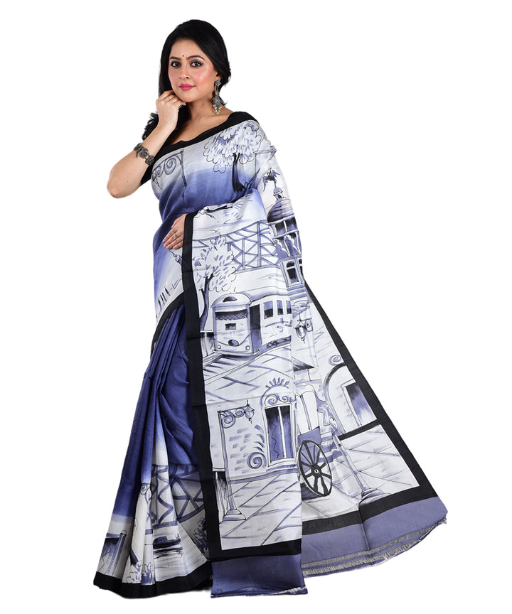 Grey white hand painted silk saree