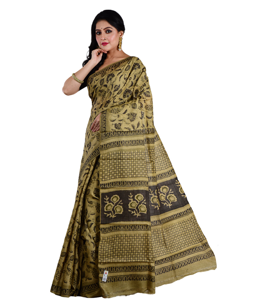 Beige brown hand printed tussar silk saree