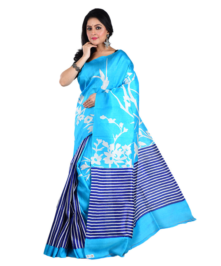 Sky blue navy blue hand printed silk saree