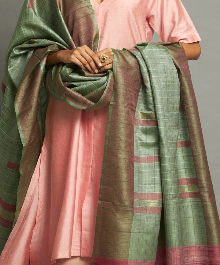 Forest green tussar silk handwoven kosa dupatta
