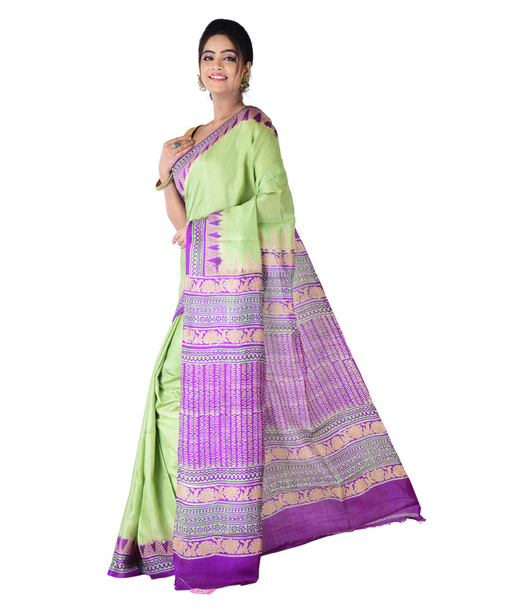 Light green purple hand printed silk saree