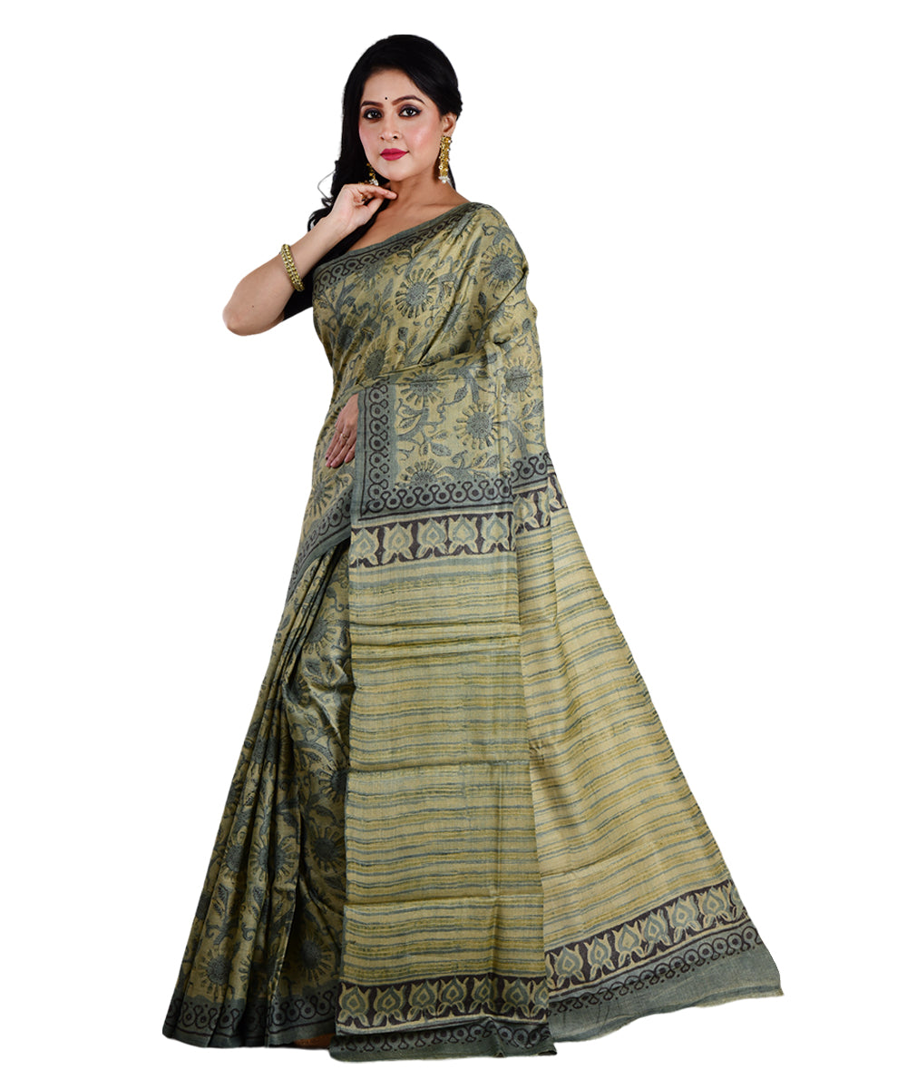 Beige grey tussar silk hand printed saree