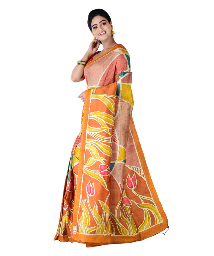 Yellow multicolor hand painted silk saree