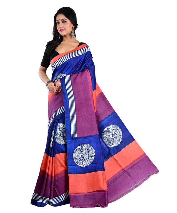 Navy blue multicolor hand printed silk saree