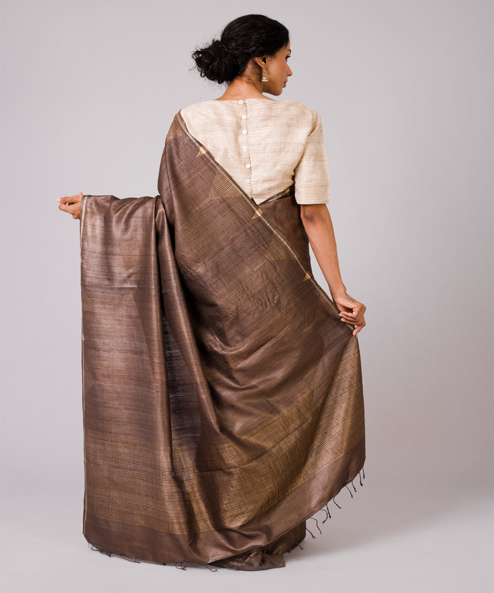 Coffee brown tussar silk hand woven chhattisgarh kosa saree