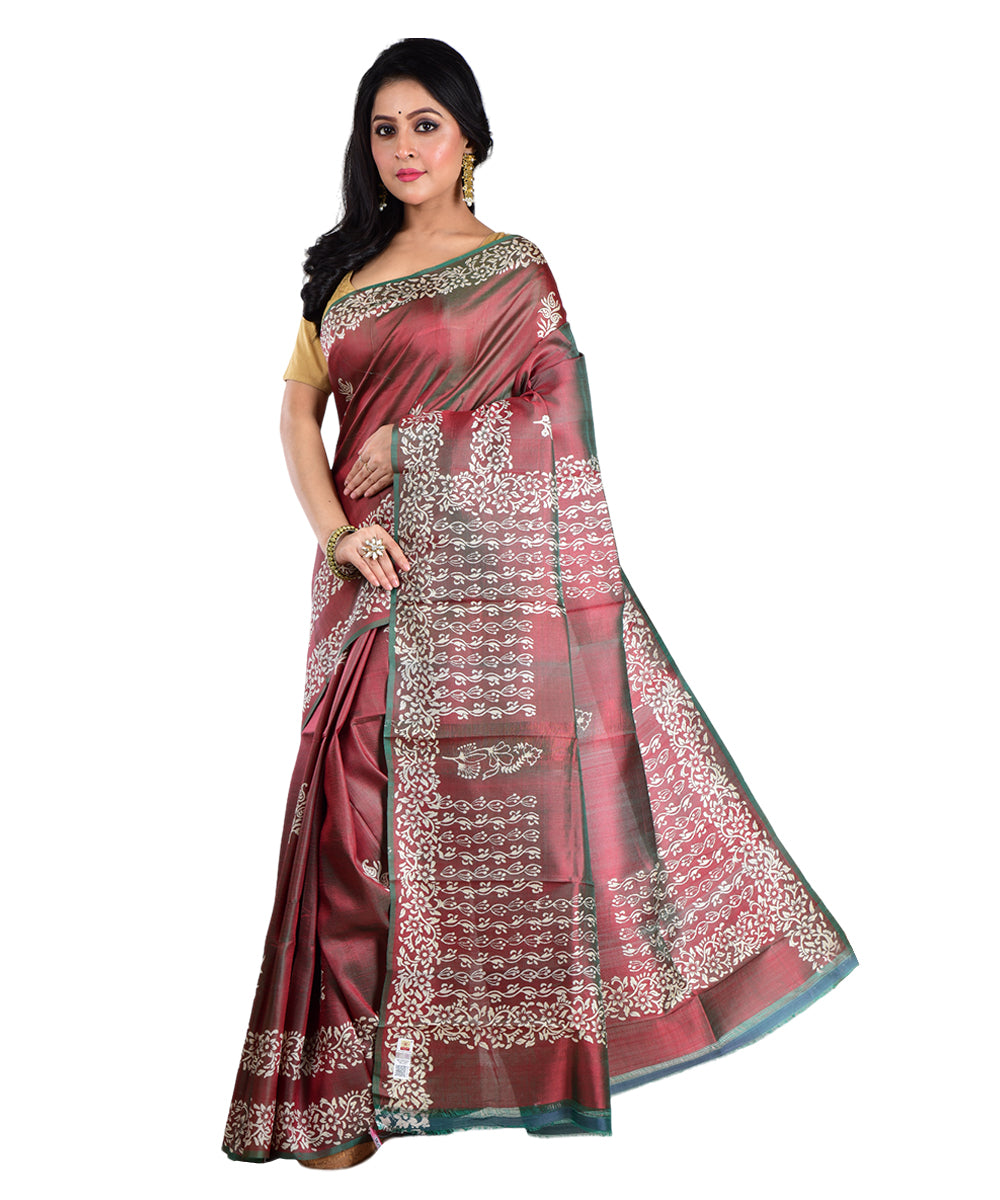 Maroon multicolor hand printed silk saree