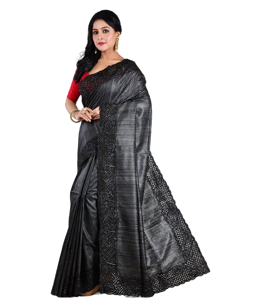 Black handwoven tussar silk saree