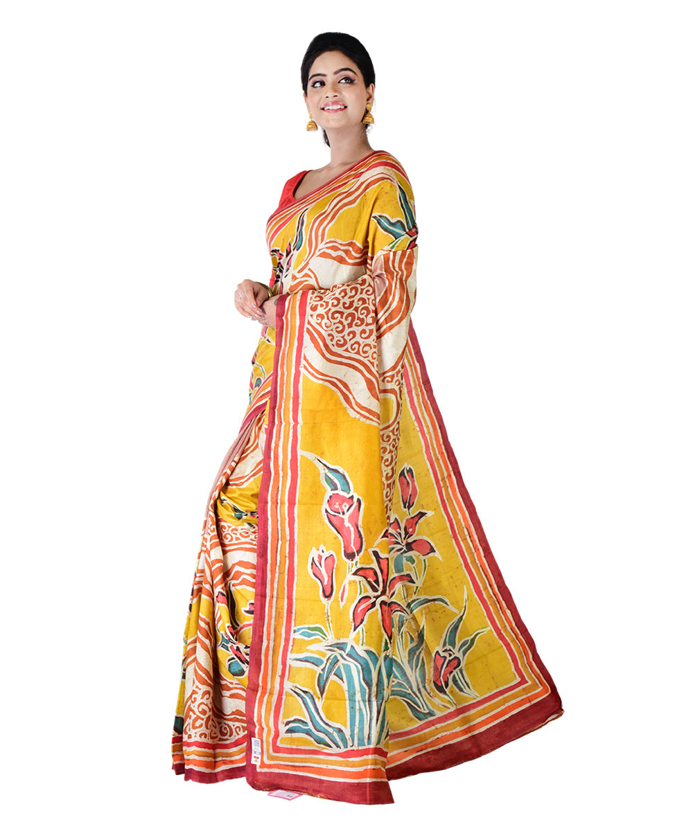 Yellow multicolor hand printed silk saree
