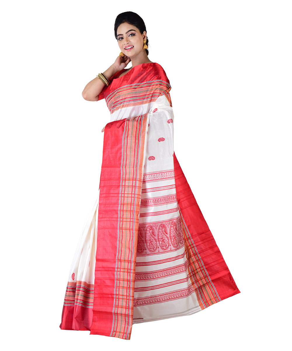 Offwhite red hand printed silk saree