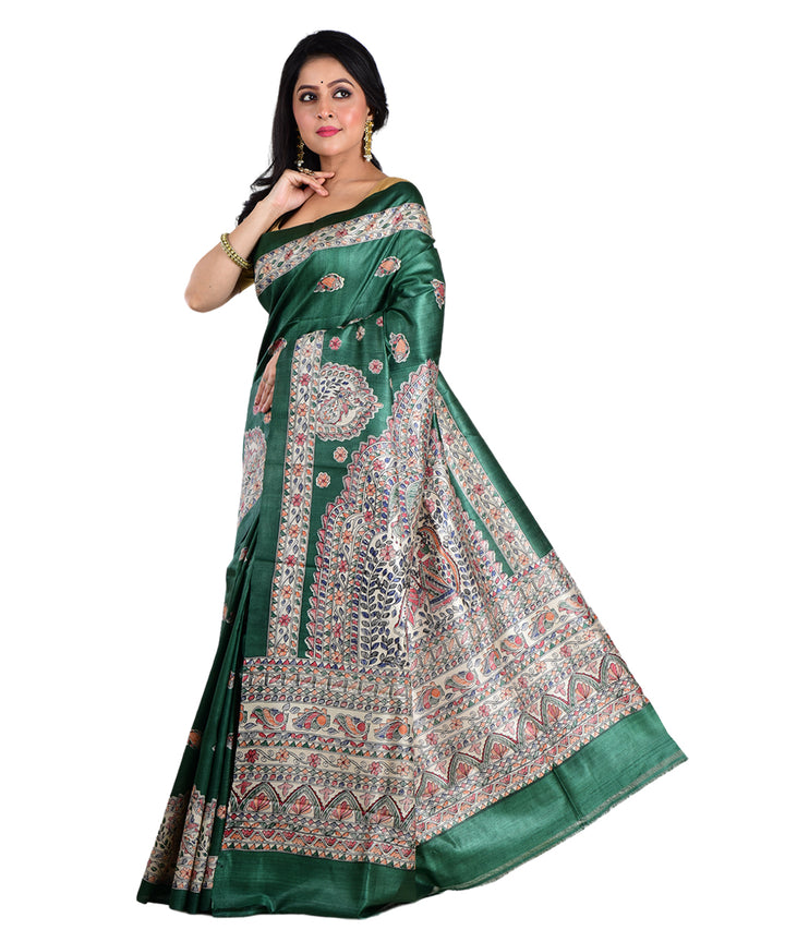 Dark green multicolor hand printed tussar silk saree