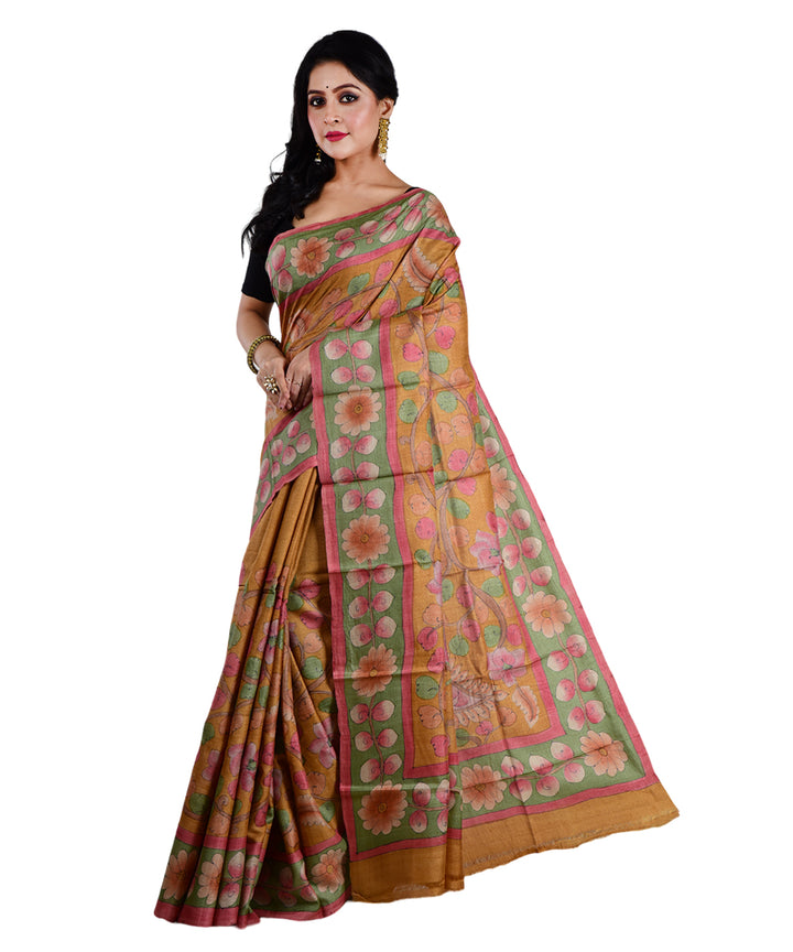 Mustard multicolor hand printed tussar silk saree