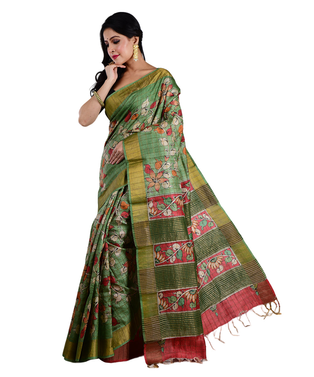 Multicolor light green hand printed tussar silk saree