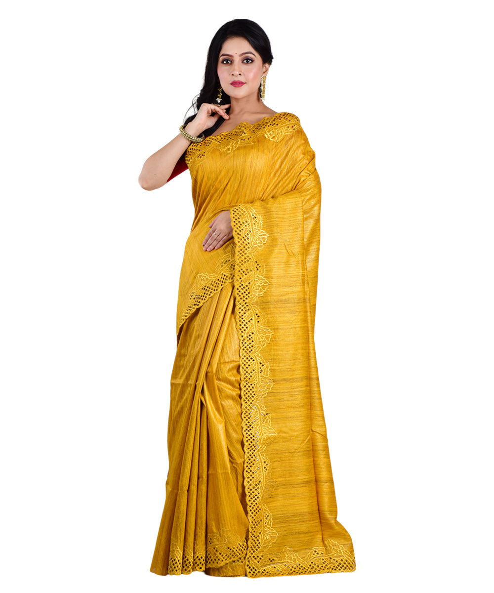 Yellow handwoven tussar silk saree