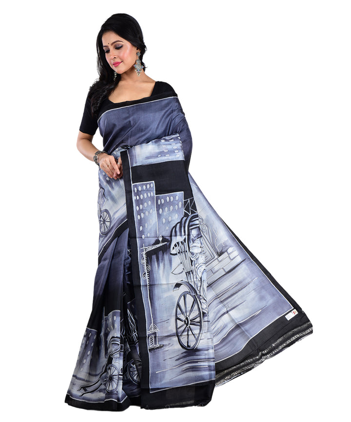 Black white handwoven silk saree