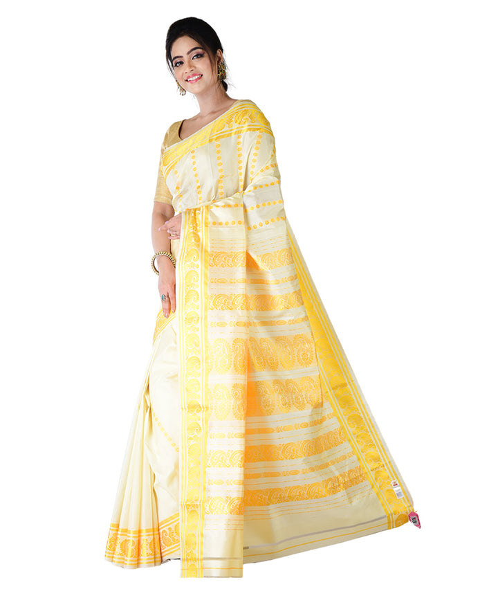 White yellow handwoven silk saree