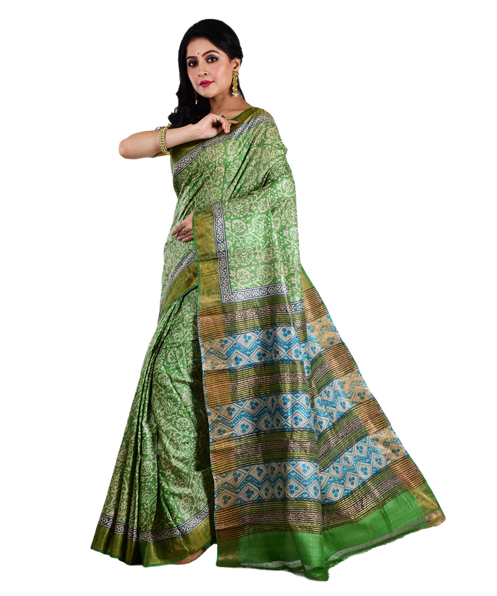 Light green hand printed tussar silk saree