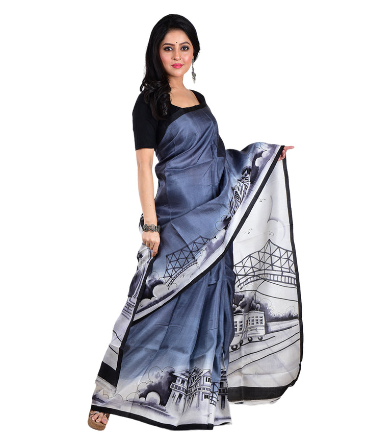 Grey black hand painted silk saree