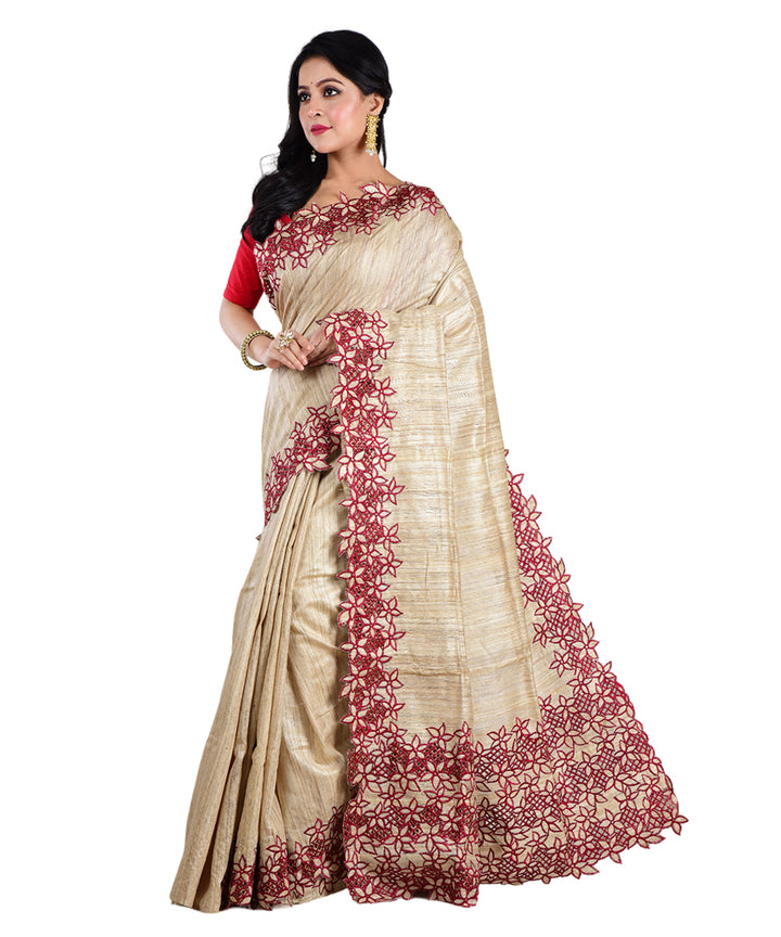 Beige red handwoven tussar silk saree