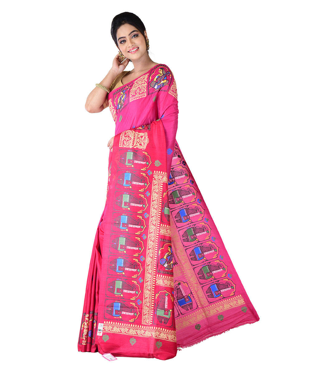 Red blue hand printed tussar silk saree