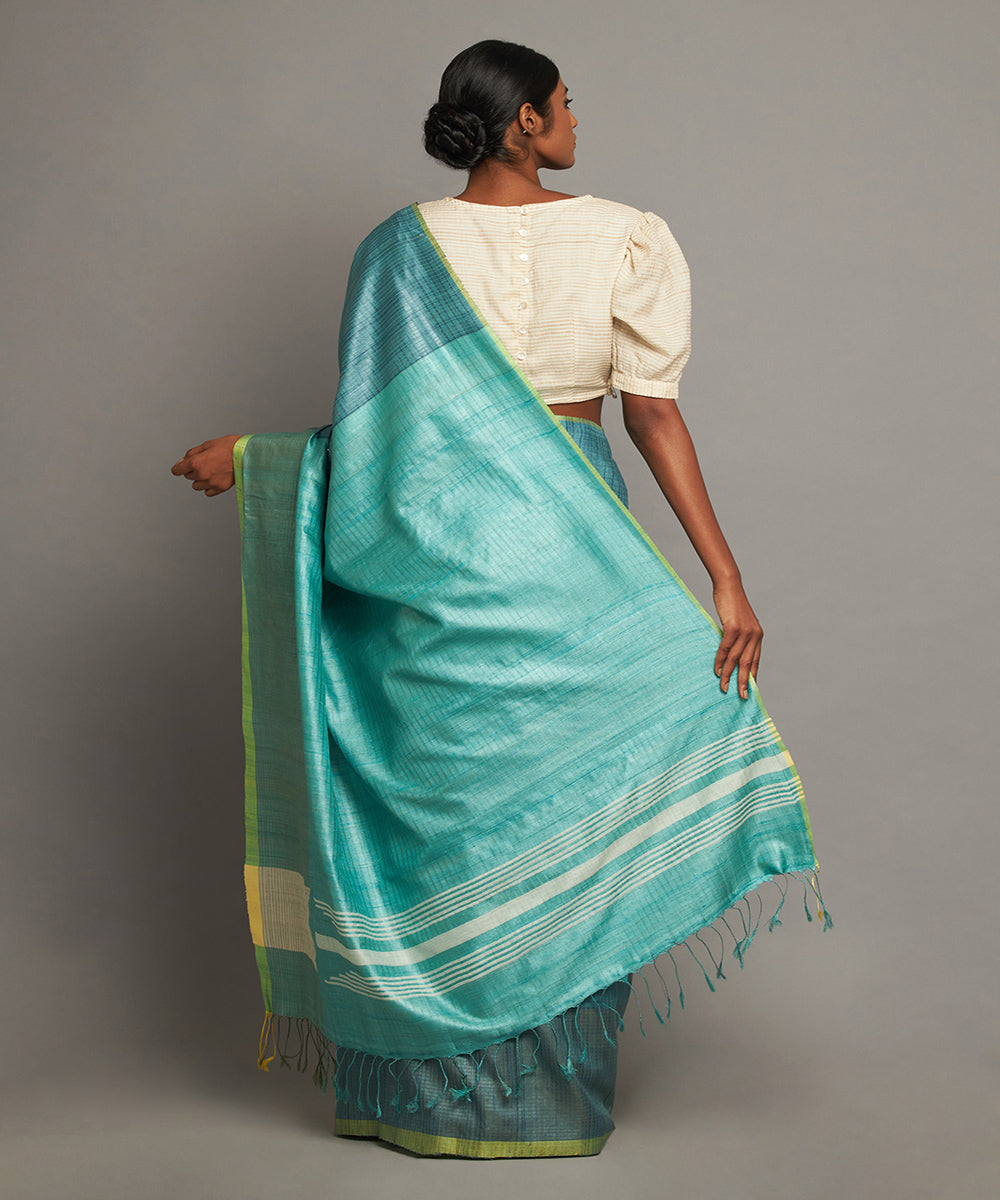 Turquoise blue tussar silk hand woven chhattisgarh kosa saree