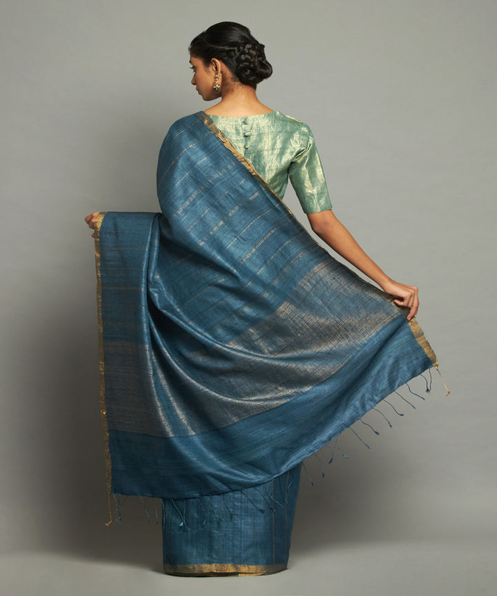 Deep indigo tussar silk hand woven chhattisgarh kosa saree