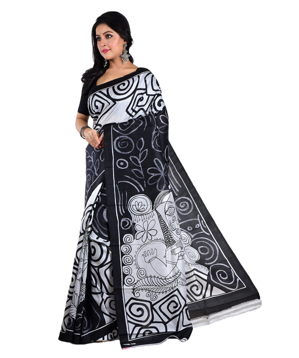 Black white hand painted silk saree