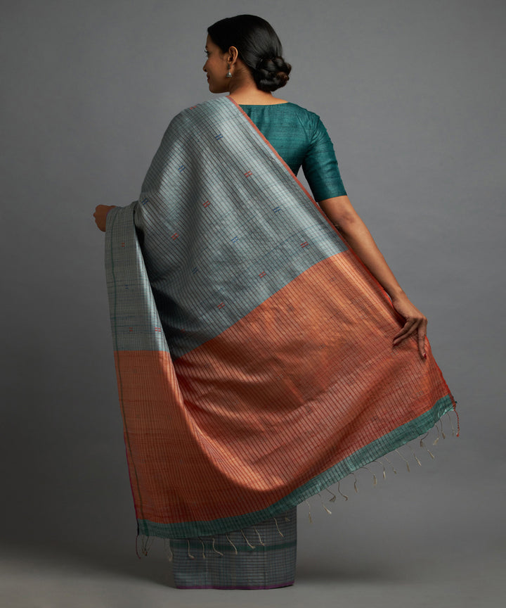 Cool grey tussar silk hand woven chhattisgarh kosa saree