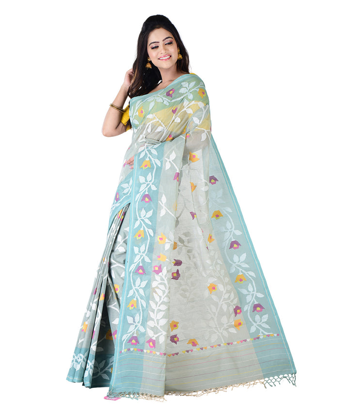 Cyan blue multicolor handwoven cotton saree