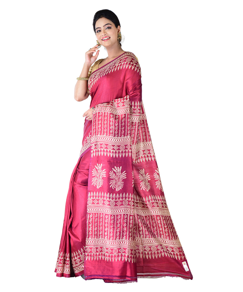 Maroon white hand printed silk saree