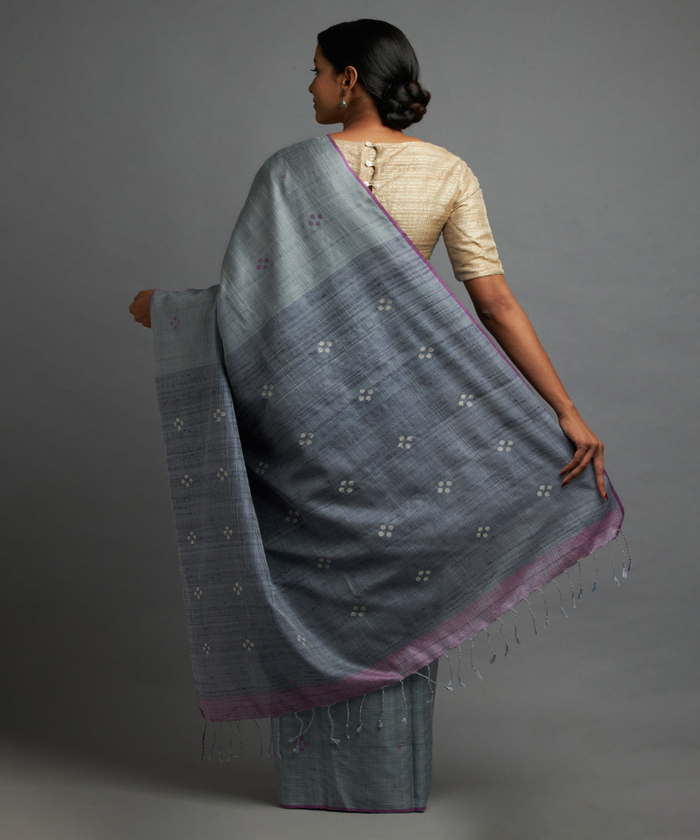 Denim blue grey tussar silk hand woven chhattisgarh kosa saree