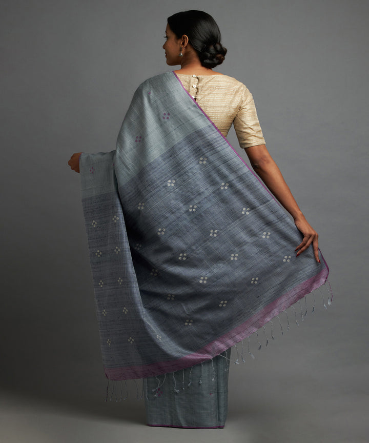 Denim blue grey tussar silk hand woven chhattisgarh kosa saree