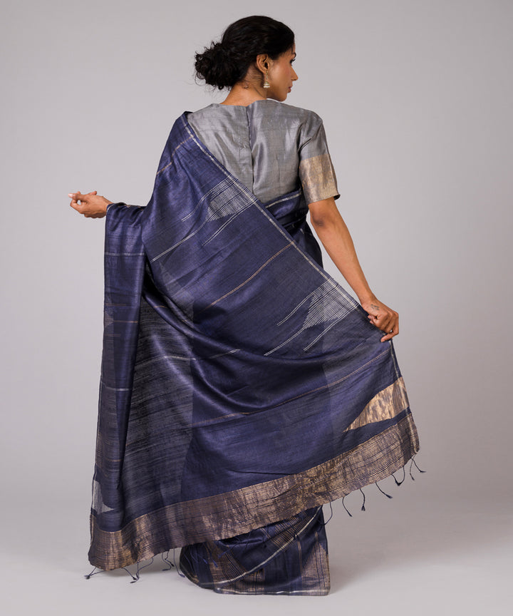 Deep blue tussar silk hand woven chhattisgarh kosa saree