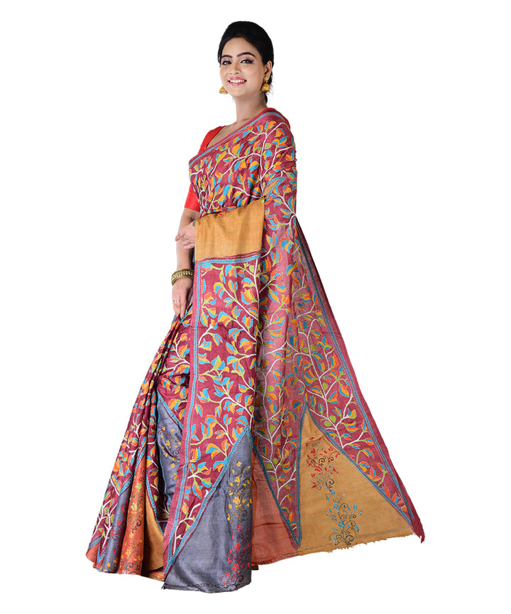 Multicolor mustard hand printed tussar silk saree