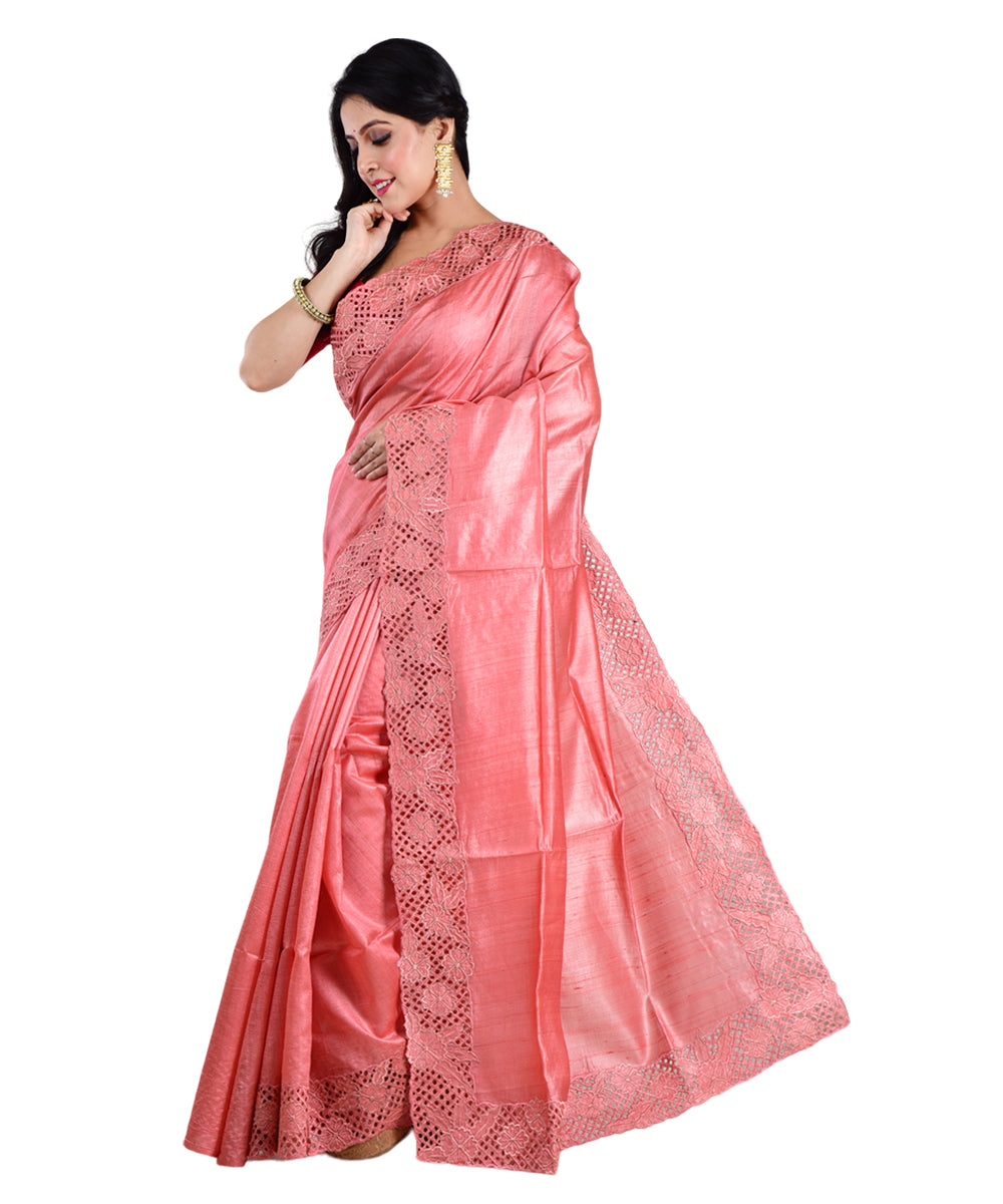 Peach handwoven tussar silk saree