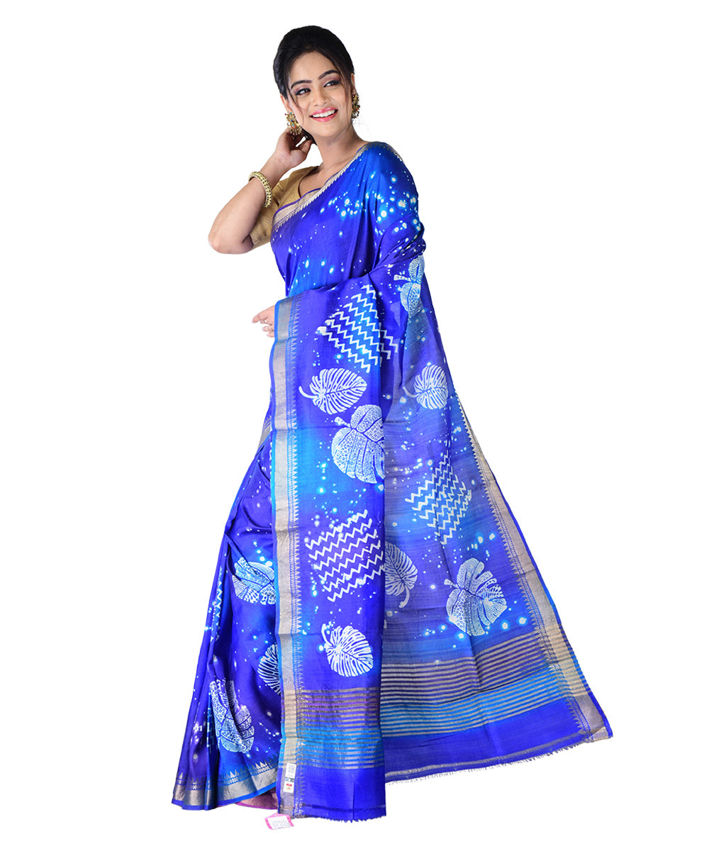 Navy blue silk hand printed saree