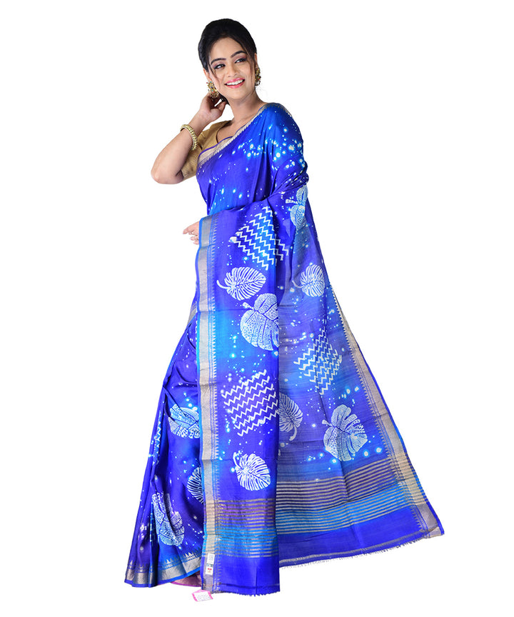 Navy blue silk hand printed saree